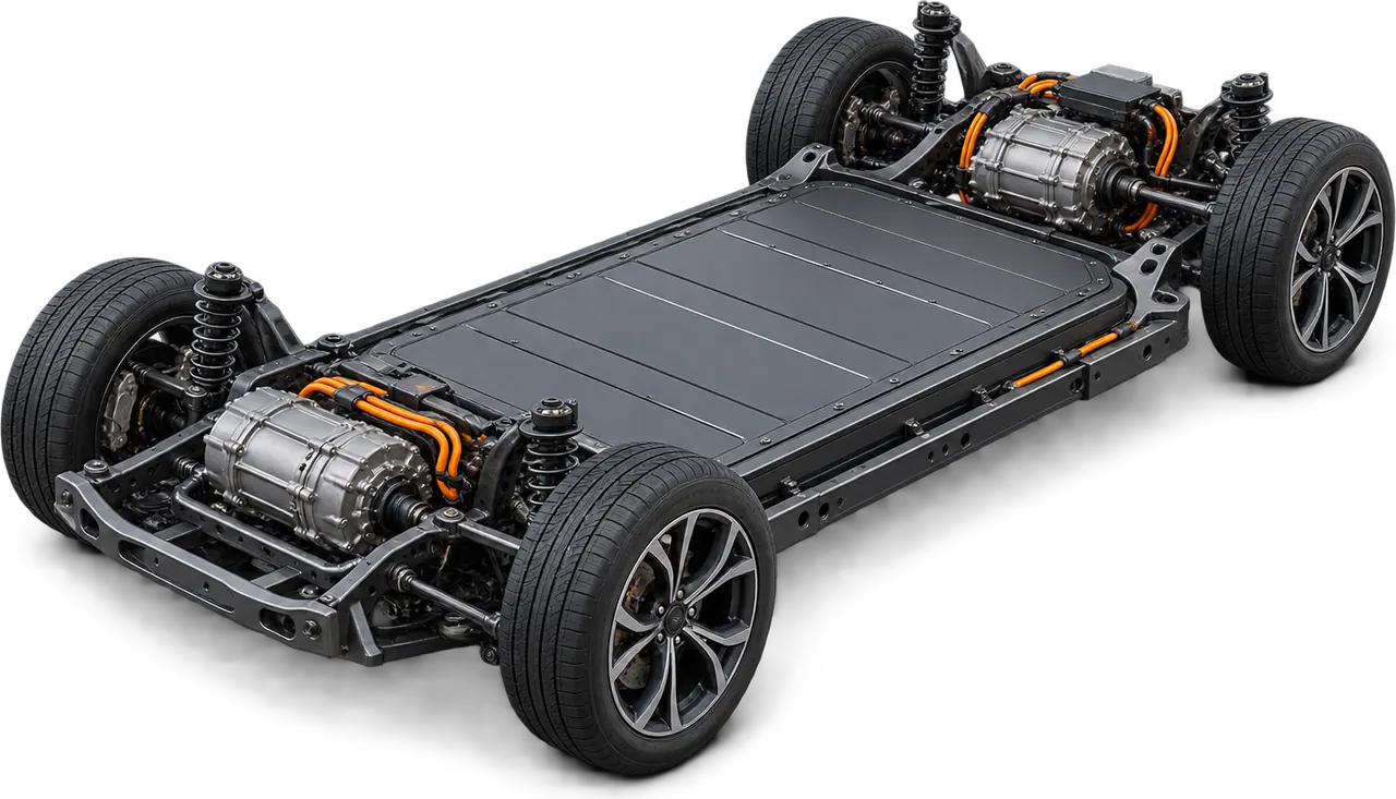 Illustration of a battery-electric vehicle platform: a flat battery pack between the axles with an electric drive unit at each axle